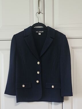 St. John Navy Knit Blazer with Pearl-Style Buttons